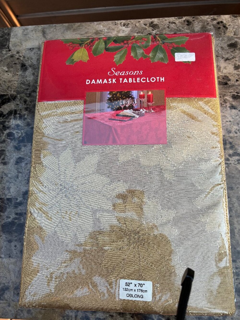 Damask Gold Oblong Holiday Poinsettia Tablecloth 52 x 70 inches